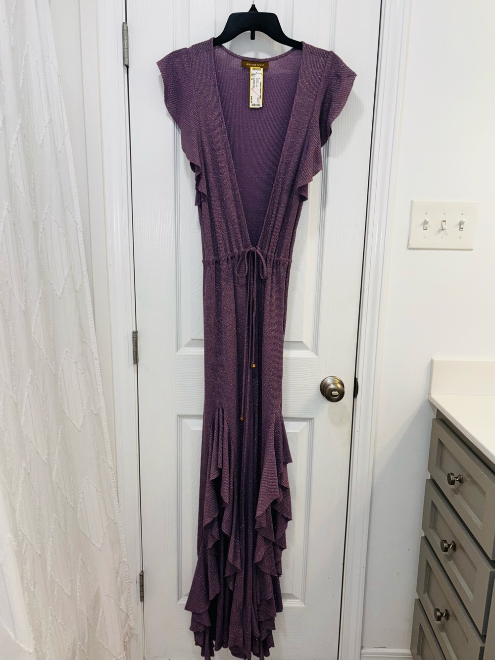 Elegant Purple Ruffle Swim Cover-Up with Waist Tie